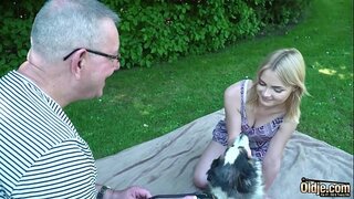 Young blonde makes old man cum in her mouth